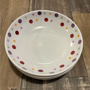 The Pampered Chef White Ceramic Bowl with Red, Purple, Pink, Green & Yellow Dots